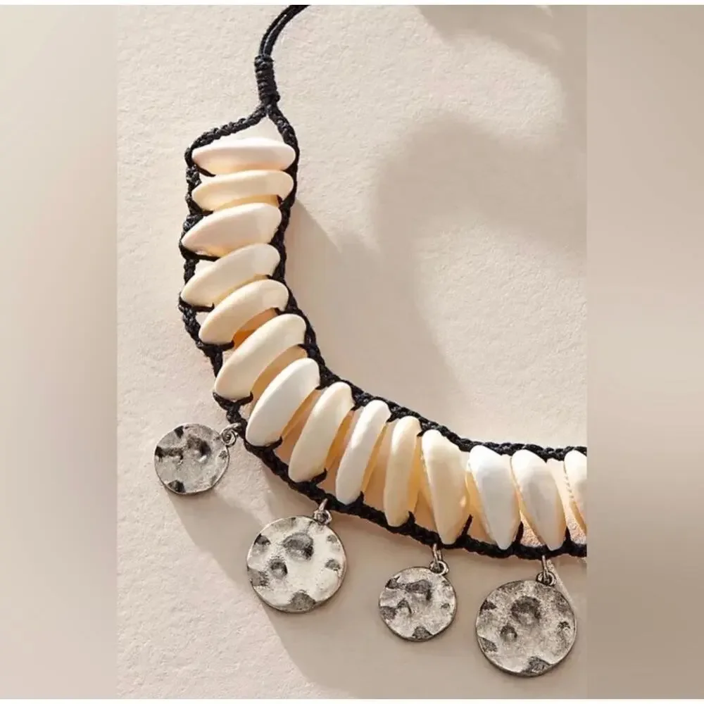 Free People Kalua Shell Necklace NWT Hammer Silver Medallion Boho Resort Travel